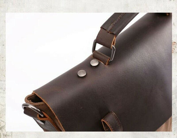 Men Canvas Business Messenger Bag Genuine Leather Briefcase Travel Handbag