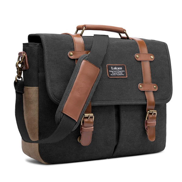 Canvas Messenger Mens Bag, 15.6 Inch Laptop Shoulder Bag Business Briefcase Large Vintage Satchel College Bookbag Retro Brown Leather Handbag Crossbody Bag for Men, Black