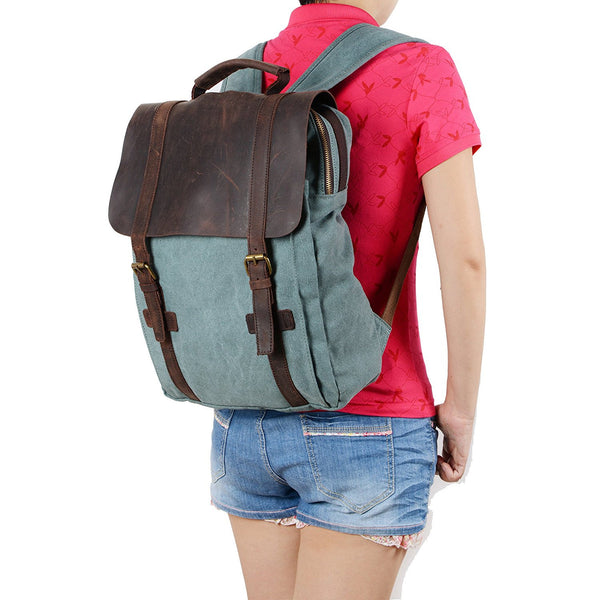 Retro Vintage Style Urban Canvas Leather School Travel Backpack Rucksack 15.6-inch Laptop Bag