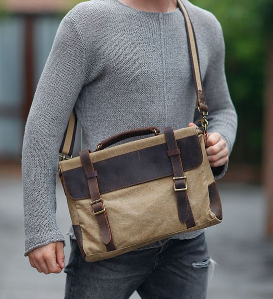 Leather Trimmed Vintage Canvas Messenger Bag