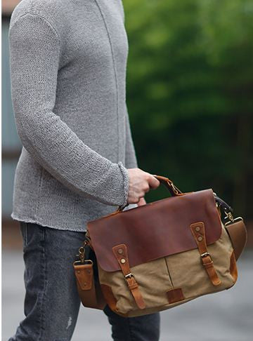 Vintage Style Canvas Leather Flap-over Messenger Bag with Brass Accents