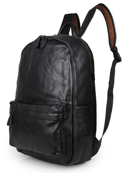 Lightweight Black Classic Leather Backpack with Laptop Compartment