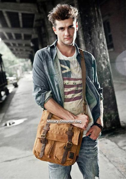 Men's Vintage Canvas and Leather Satchel School Military Shoulder Bag  Messenger - Brown 