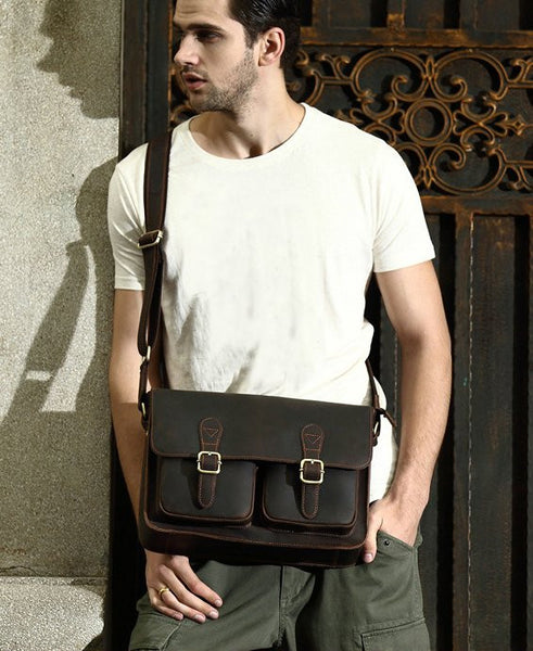 Dark Brown Solid Leather Rustic Messenger Bag