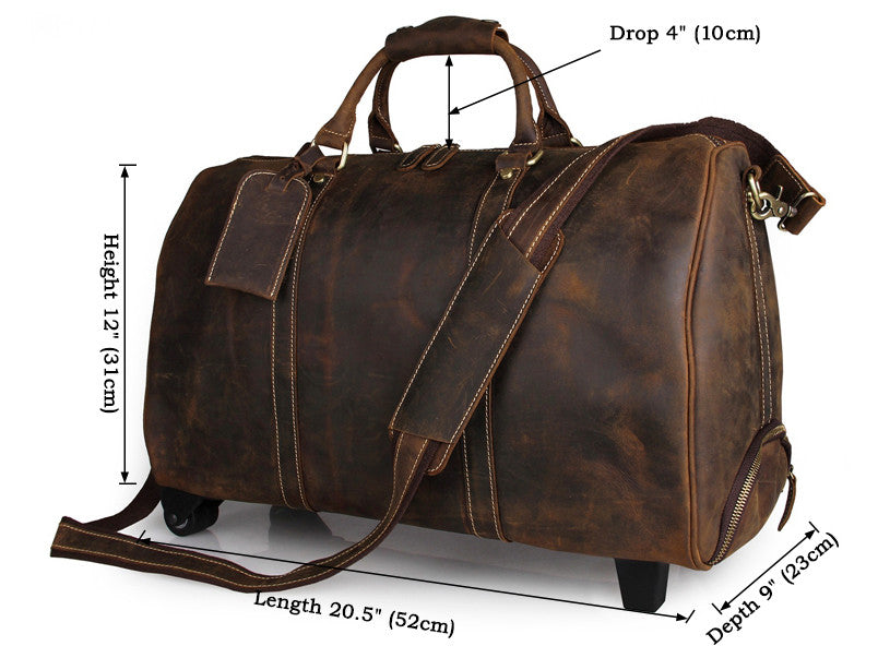 leather travel bag on wheels