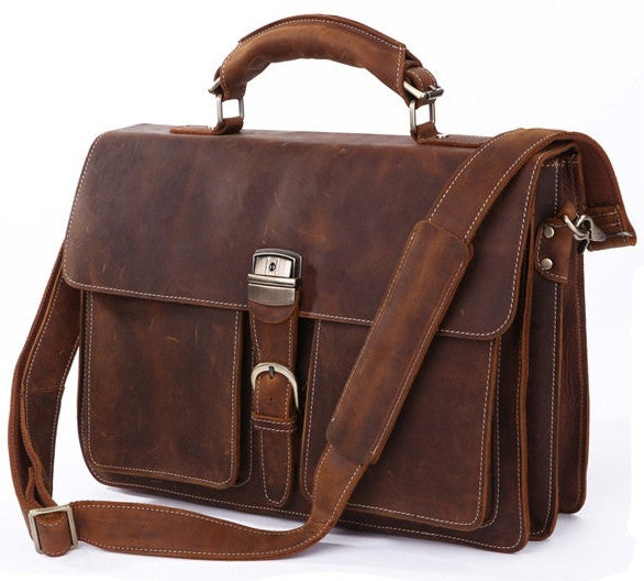 Italian Leather Men's Briefcase Laptop - Two Gusset Pockets