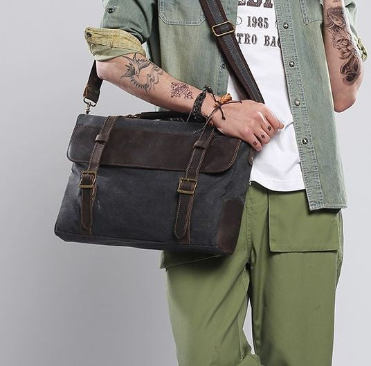 Leather Trimmed Vintage Canvas Messenger Bag