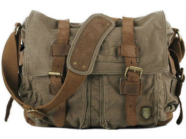 Leather Canvas Messenger Bag for Man in Black and Green / 