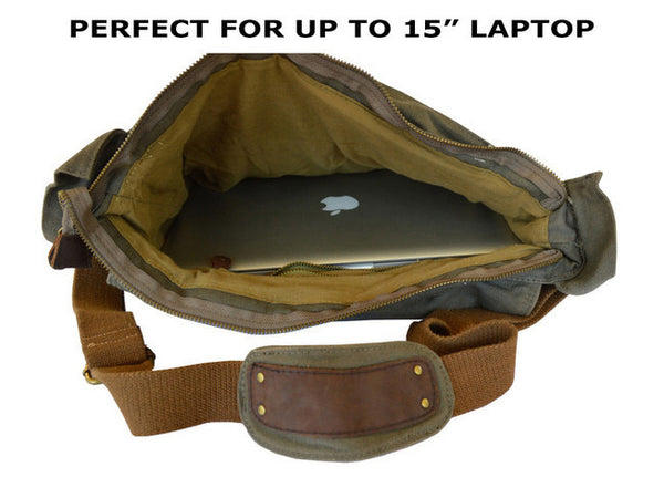 17 Laptop Army Green Leather & Canvas Messenger Bag – serbags