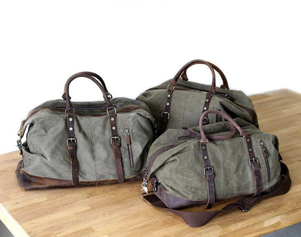 Men's Leather & Canvas Duffle Bag Vintage for Luggage, Travel, Weekender - Army Green