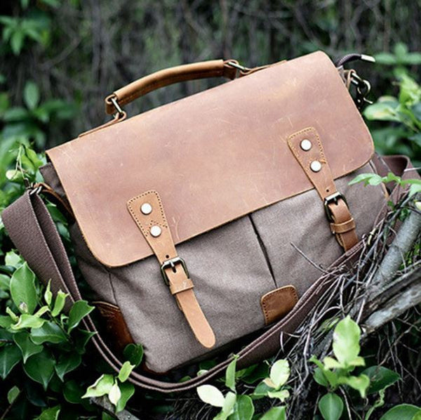 Vintage Style Canvas Leather Flap-over Messenger Bag | Serbags