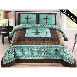 Turquoise Prayer Cross Lodge Home Bedding 3 Piece Quilt Set