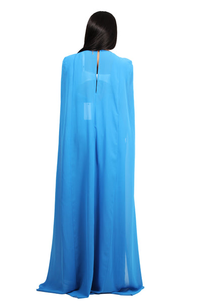 Caped Jumpsuit In Cerulean Blue Chiffon – BySonyaMarie.com