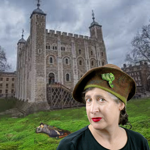 Digital Collage of a woman wearing a Tudor inspired hat, set in front of the Tower of London. 