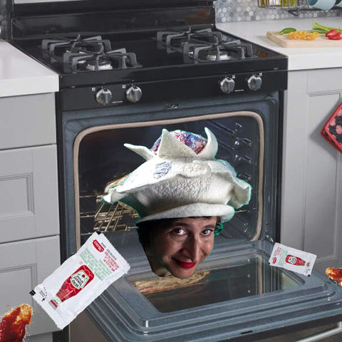 Surreal Collage of Brain Hat popping out of Oven with two packages of Heinz Ketchup.