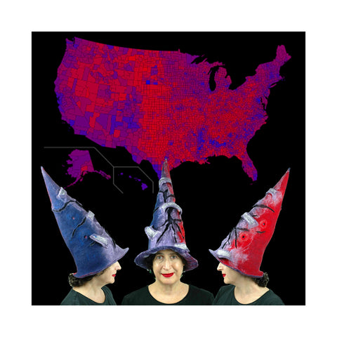Digital Collage of the Violet Protest witch hat infront of a background of a red and blue USA map from the 2016 presidential election.