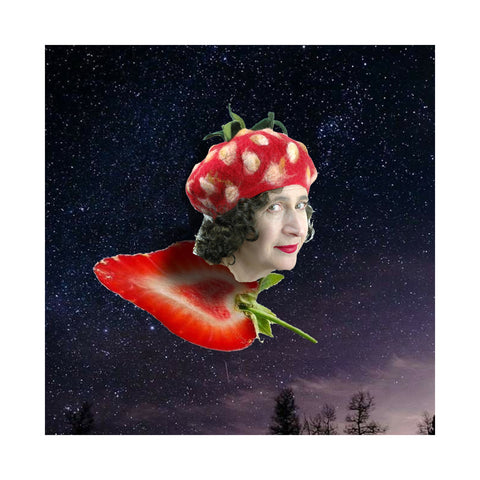 Strawberry Beret head flying on a strawberry shaped broom - surreal collage.