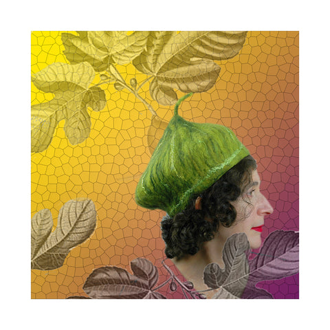 Green Fig Hat against a golden background with stylized fig leaves.
