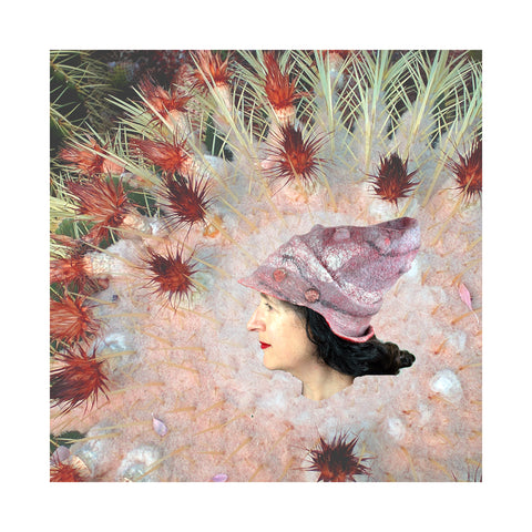 Pastel colored hat set against the top of a pale pink cactus.