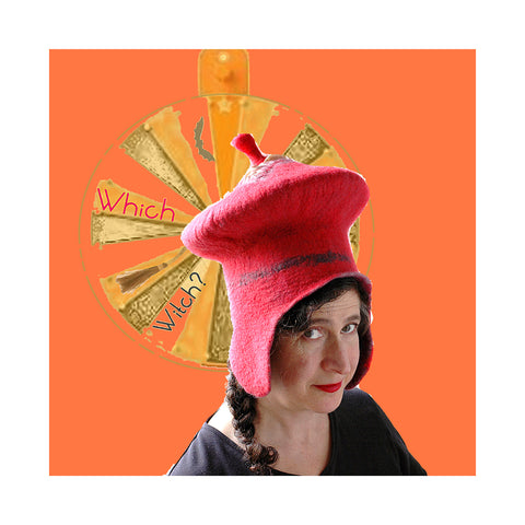 Tall red hat with earflaps collaged against orange background with roulette wheel saying 'Which Witch'.