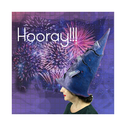 Pointed Violet Protest hat collaged against a dark purple backdrop of fireworks.
