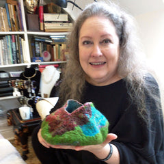 MakerDate student, Carla with her partially felted vessel.