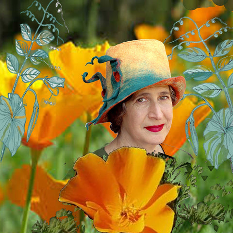 Amidst the poppies and pea vines - yellow fedora.