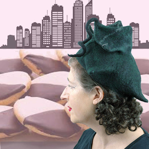 Another collage of the Black Pagoda Hat with Black and White cookies and the Manhattan Skyline.