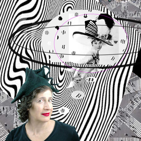 Black Felted Pagoda Hat with Curlicue on Top with Op Art Collage AND Audrey Hepburn from 'My Fair Lady.'