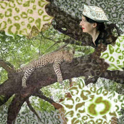 Beret in Ivory with Handpainted Brown Spots collaged with a leopard.