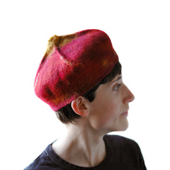 Side View of a Claret Red, Felted Hat in the shape of a Biretta. Size MEDIUM.