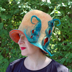 Colorful Yellow Hat with Rounded Tip and Green and Orange felted Peapods on the side.