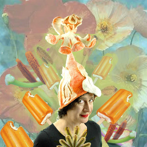 Vegas Creamsicle Hat with a collage of lilly stamens.