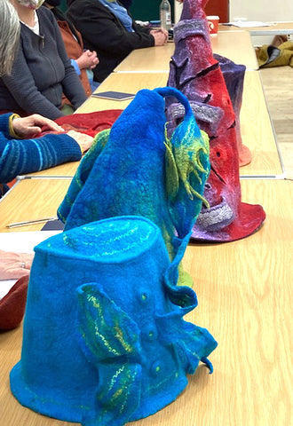 Wet Felted top hat and wizard hats on table for Feltmakers Ireland demonstration