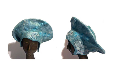Kokoshnik style hat with Ink on Cloth painting felted in.