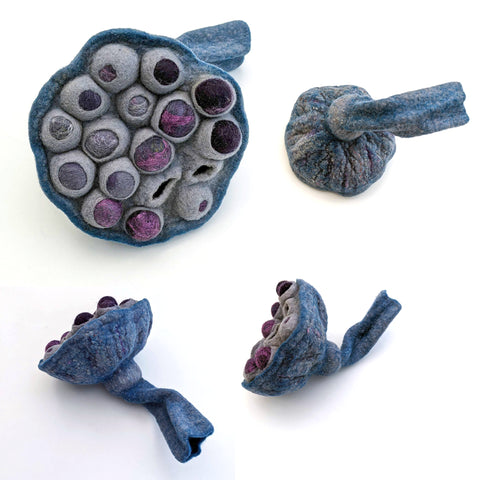 Collage of one felted Lotus Pod made with Gladys Paulus online class.