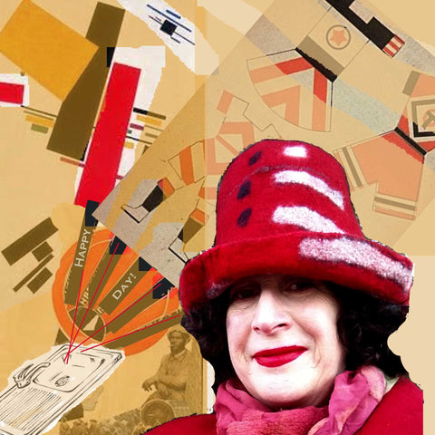 May Day Collage with Russian Constructivist Posters in background.