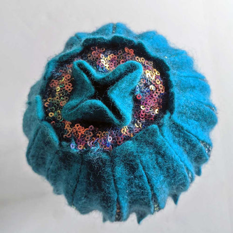 Sculptural felted pod made via Judit Pocs online workshop.