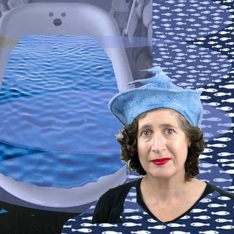 Light Blue Beret with Fishtail collaged against a bathtub full of waves.