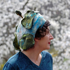 Whimsical Felted Blue Beret decorated with Five Green Stylized Trees