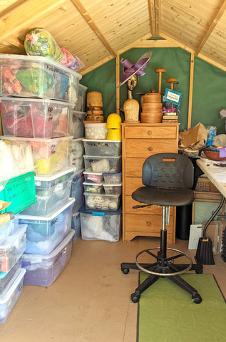 Cozy insides of my studio shed with lots of wool