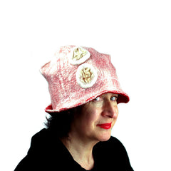 New Galentine's Hat - a Felted Fedora in White and Red Merino Wool, with two Golden Colored Circles.