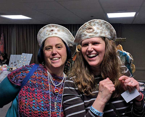 Two Sisters having fun wearing FeltHappiness felted hats at PGH Knit & Crochet Creative Arts Festival in 2019