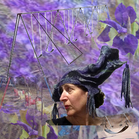 Purple Jester Fantasy Headdress with Tassels set against a vintage swingset.