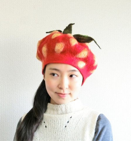 Felted Red Strawberry Beret modeled by Poppins Hat