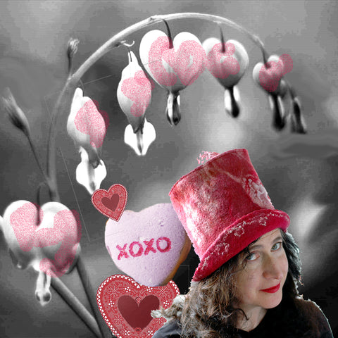 Valentine's Top Hat with Bleeding Heart Plants and Candy Hearts.