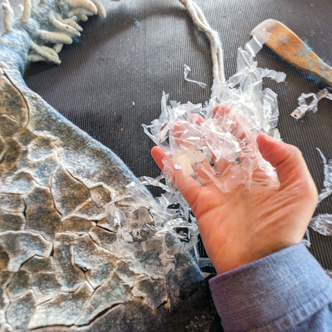 WIP photo of cracked earth technique to make the Drought section of the felted hat.