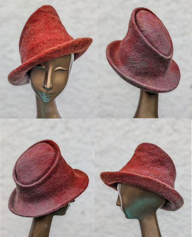 Red, asymmetrical tipped, wet felted brimmed hat