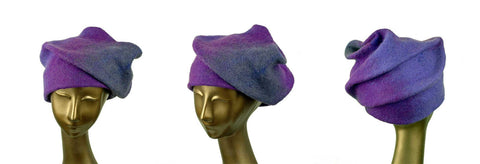 Blue Violet, Sculptural Hat as seen from three sides. 