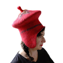 Unusual Watermelon Red Felted Hat with Earflaps and Antenna on Top.